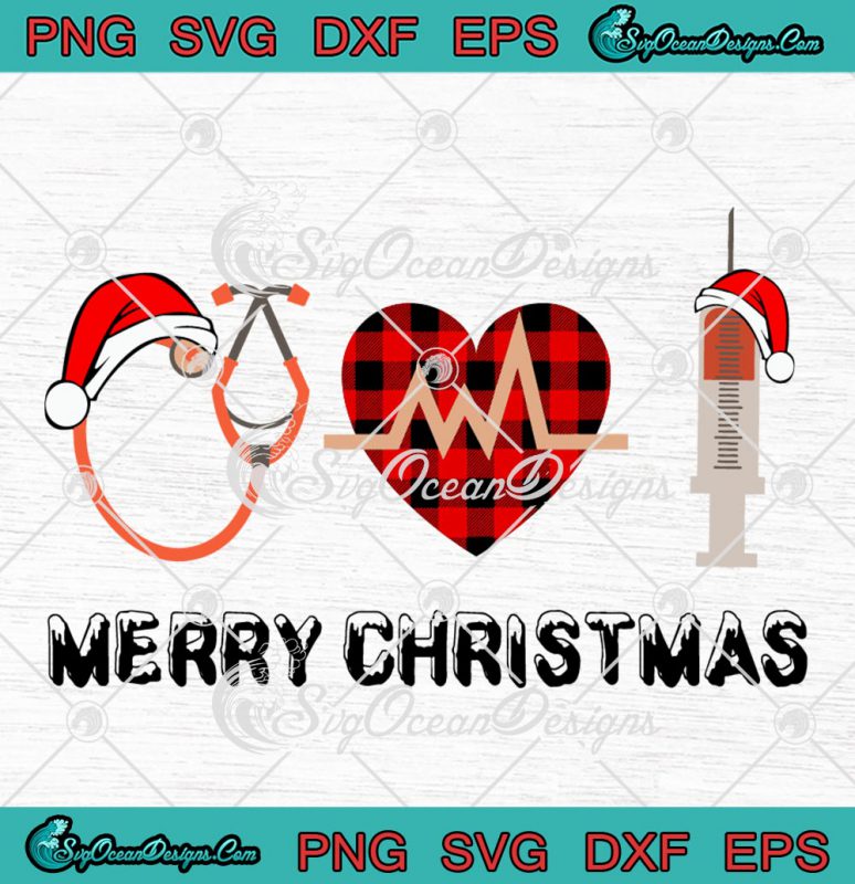 Merry Christmas Nurse Stethoscope Santa Hat Buffalo Plaid Heart Svg Png 