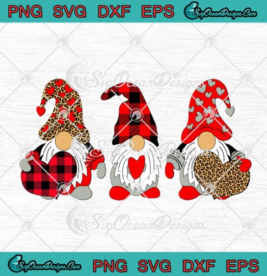 Three Gnomes Holding Leopard Buffalo Plaid Hearts Happy Valentines Day