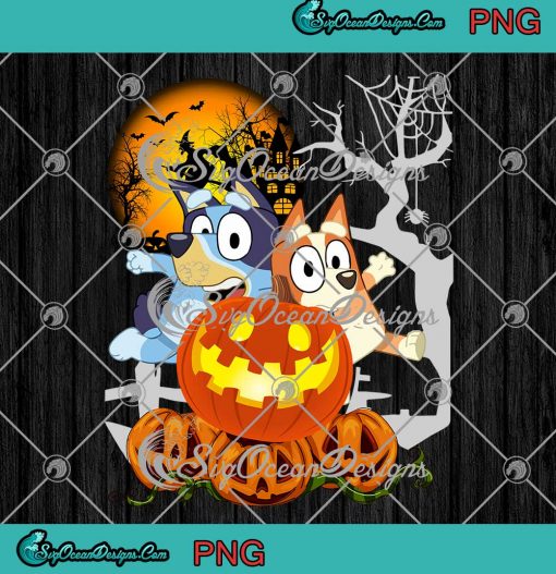 Bluey Bandit Heeler Chilli Heeler Witch And Jack O' Lantern Pumpkin Halloween PNG