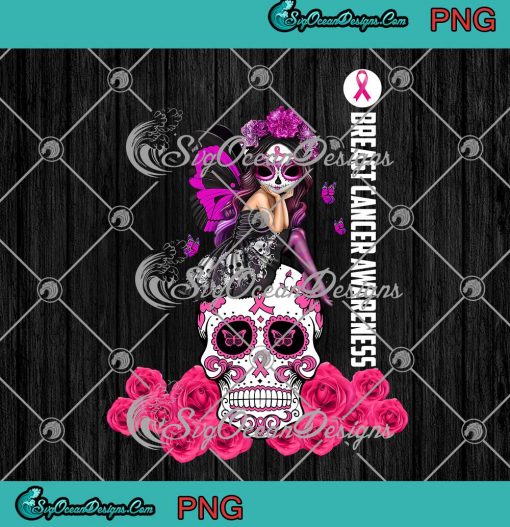 Fairy Girl Sugar Skull Breast Cancer Awareness PNG Butterfly Pink Ribbon Floral PNG