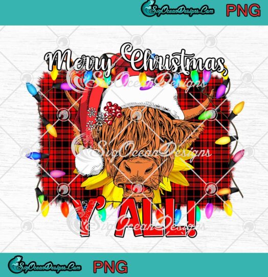 Cute Scottish Hairy Cow Heifer Merry Christmas Y'all PNG Buffalo Striped X-Mas PNG Digital Download