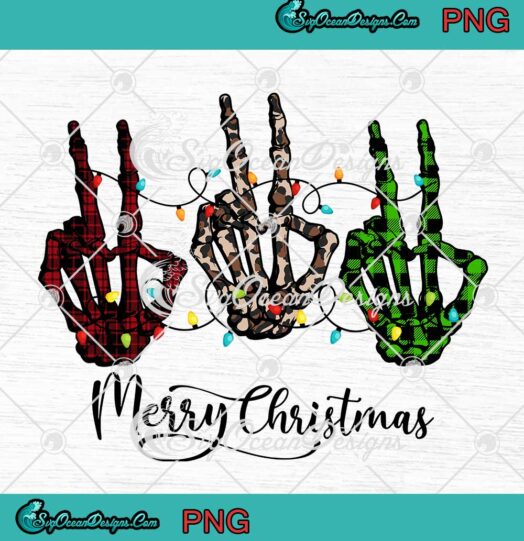 Merry Christmas Skeleton Peace Hands PNG Leopard Plaid Xmas Lights PNG