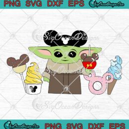 Baby Yoda from Star Wars holding ice cream with Mickey Mouse in SVG format.