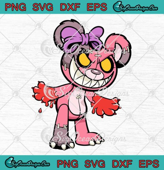 Evil Cartoon Smiling Pink Teddy Bear Bloody Cute Gift For Kids SVG PNG Cricut