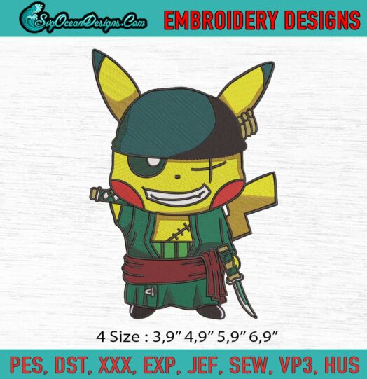 Pikachu Pokemon Cosplay Roronoa Zoro Monkey D. Luffy One Piece Logo Embroidery File
