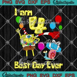 SpongeBob SquarePants wearing a party hat with 'I Am 4' text, ideal for a 4th birthday design.