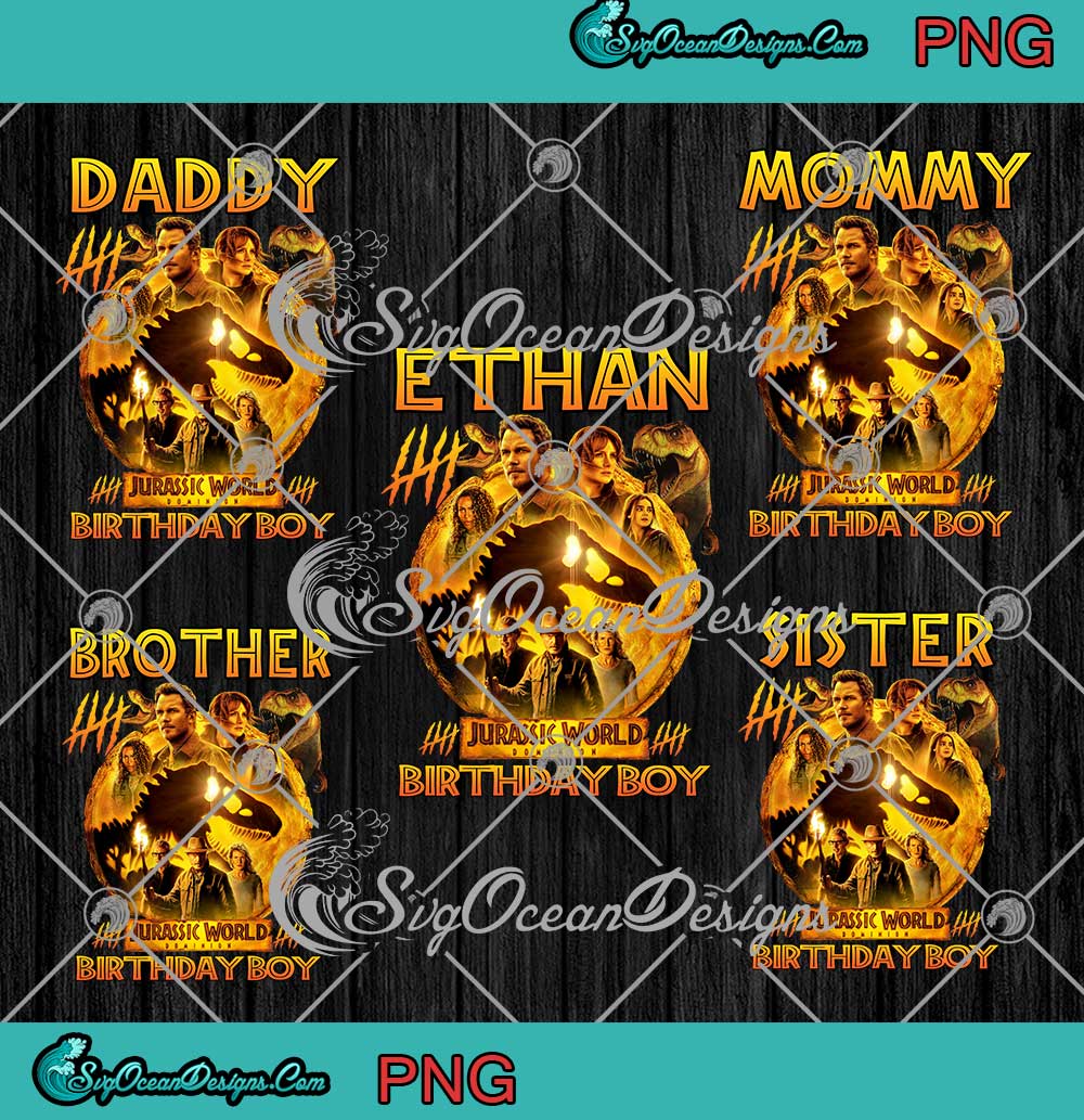 Jurassic-World-Dominion-Family-Birthday-Boy-PNG-Custom-Name-Birthday-Gifts-Bundle-PNG-JPG Jurassic World Dominion Birthday Boy design featuring dinosaurs and customizable text.