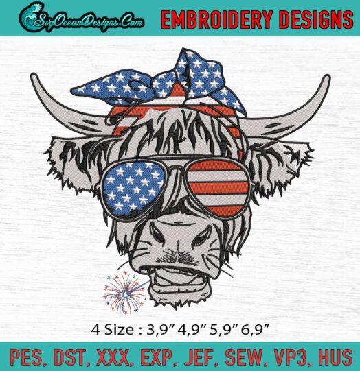Shaggy Cow American Sunglasses 4th Of July Patriotic Memorial Day Logo Embroidery File