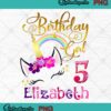 Illustration of a unicorn with birthday elements and customizable name for a girl's 5th birthday shirt design.