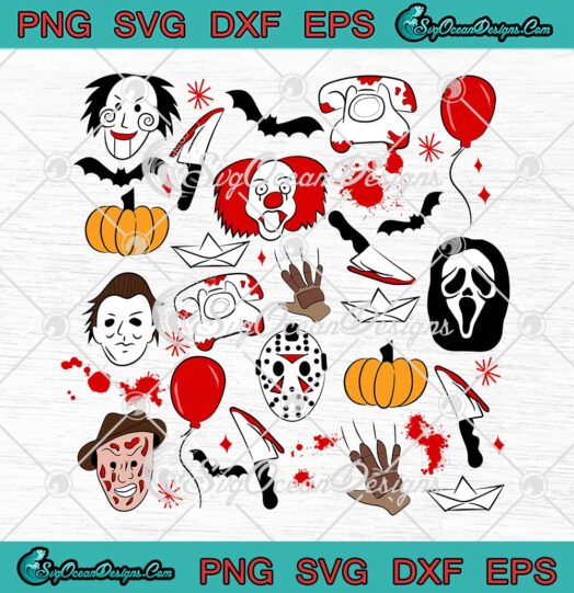Halloween Horror Characters Doodle Collage SVG, Halloween Movie SVG PNG EPS DXF PDF, Cricut File