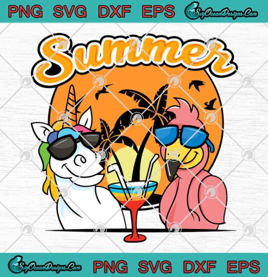 Unicorn And Flamingo Sunglasses Summer SVG Drink Party Gift Vintage Retro SVG PNG EPS DXF PDF Cricut File