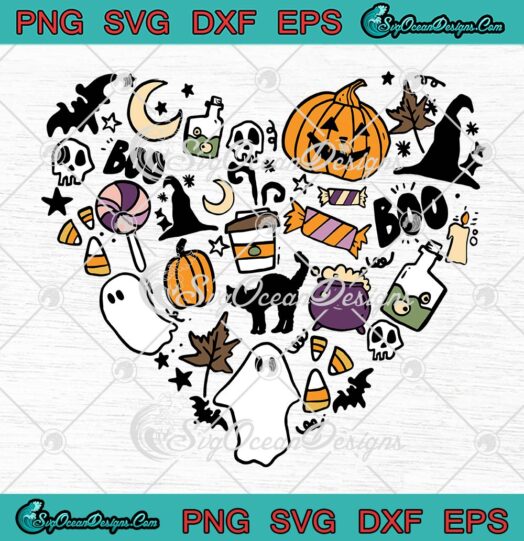 Halloween 2022 Heart Symbol SVG PNG, Pumpkin Boo Ghost Bats SVG PNG EPS DXF PDF, Cricut File