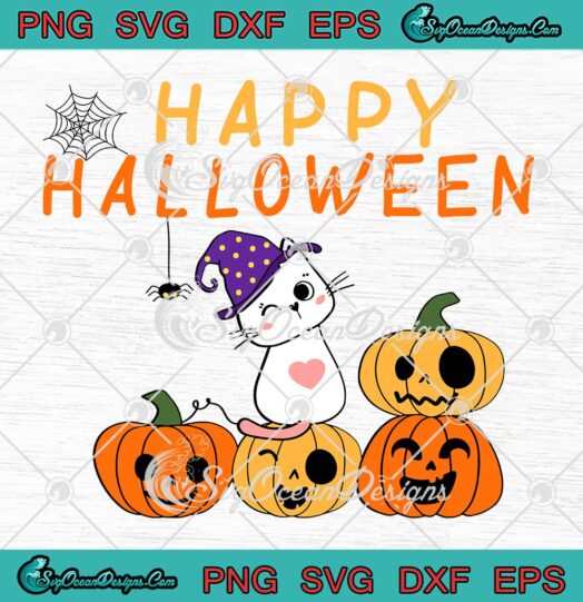Happy Halloween Cute Cat Witch SVG, Pumpkin Cool Kids Halloween Gift SVG PNG EPS DXF PDF, Cricut File