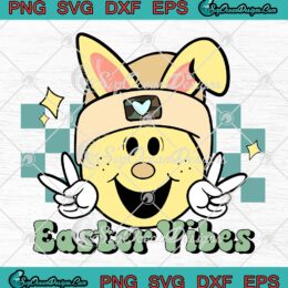 Easter Vibes Bunny Smiley Face SVG, Groovy Retro Easter Day SVG PNG EPS DXF PDF, Cricut File