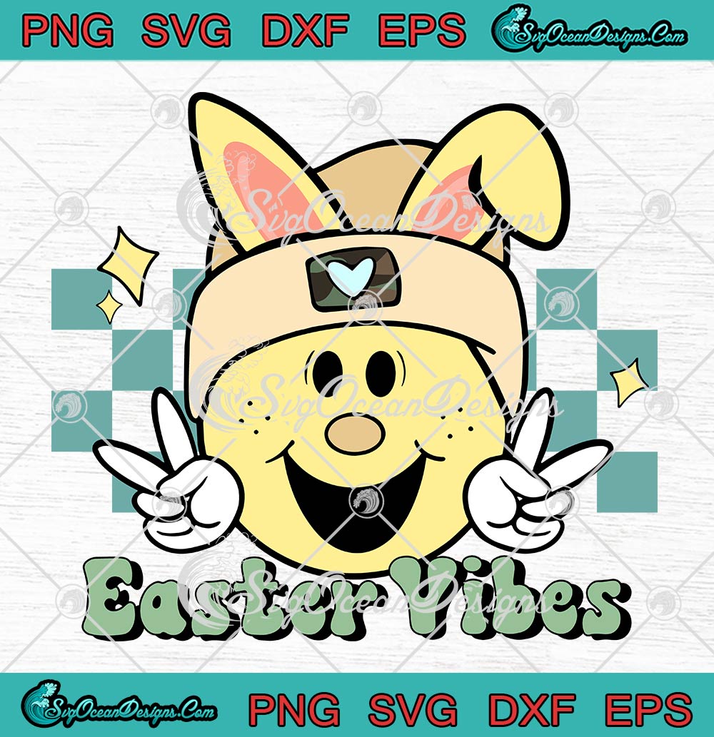 Easter Vibes Bunny Smiley Face SVG, Groovy Retro Easter Day SVG PNG EPS