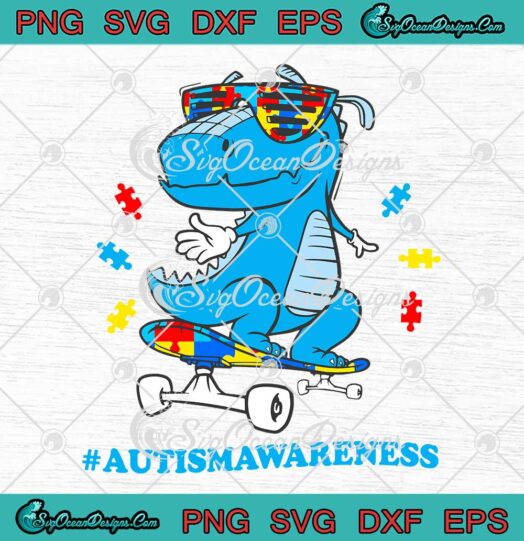 Kids Dinosaur Skateboarding SVG - T-Rex Autism Awareness Gift SVG PNG EPS DXF PDF, Cricut File
