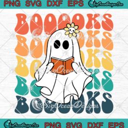Booooks Groovy Ghost Reading Retro SVG - Teacher Reading Halloween SVG PNG EPS DXF PDF, Cricut File