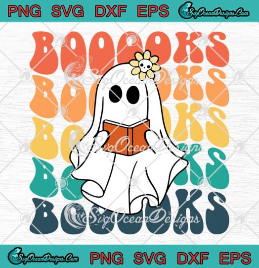 Booooks Groovy Ghost Reading Retro SVG - Teacher Reading Halloween SVG PNG EPS DXF PDF, Cricut File