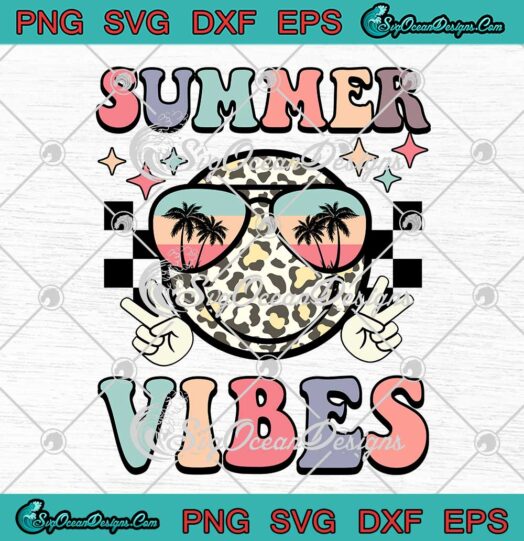 Summer Vibes Smiley Face Leopard SVG - Summer Retro Tropical Beach Vibes SVG PNG EPS DXF PDF, Cricut File