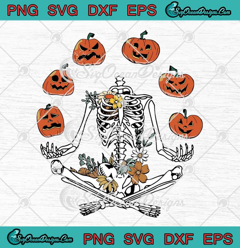 Floral Skeleton Yoga Halloween SVG - Pumpkin Meditating Skeleton SVG PNG EPS DXF PDF, Cricut File
