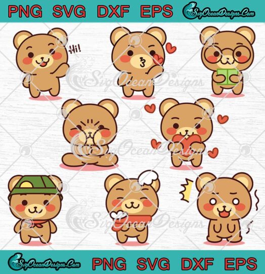 Isolated Bear Kawaii Emoji Bundle SVG - Cute Emoji Of A Bear Girls Kids SVG PNG EPS DXF PDF, Cricut File