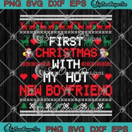 Funny First Christmas SVG - With My Hot New Boyfriend SVG - Christmas Couple Gifts SVG PNG EPS DXF PDF, Cricut File
