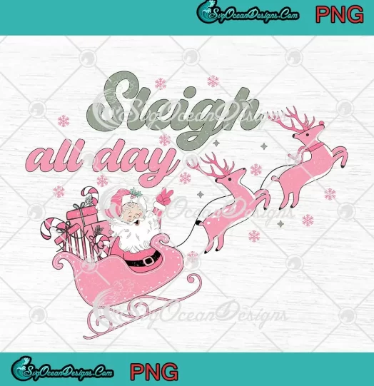 Santa Sleigh All Day Christmas PNG - Retro Christmas Santa And Reindeer PNG JPG Clipart, Digital Download