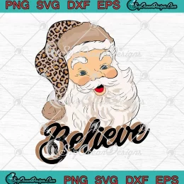 Believe Leopard Santa Head Retro SVG - Merry Christmas SVG PNG, Cricut File