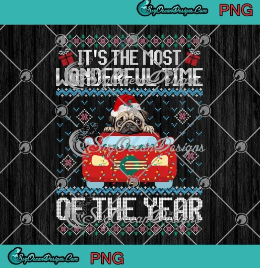 Pug Dog Ugly Christmas Sweater PNG - It's The Most Wonderful Time PNG JPG Clipart, Digital Download