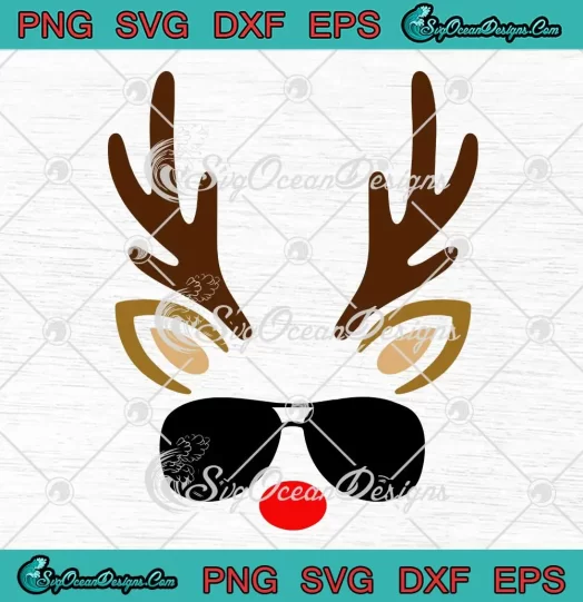Rudolph Red Nosed Reindeer Face SVG - Sunglasses Christmas Gift Kids SVG PNG, Cricut File