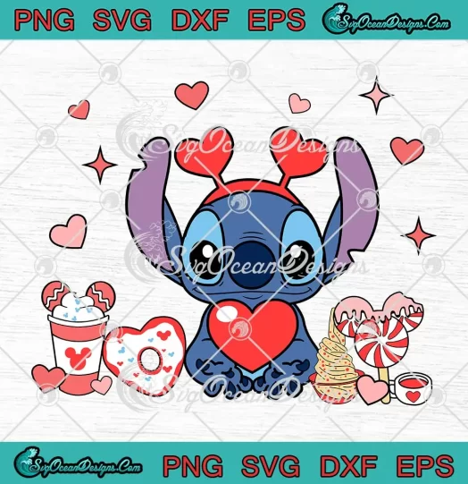 Cute Stitch With Snacks SVG - Disney Valentine's Day SVG PNG, Cricut File