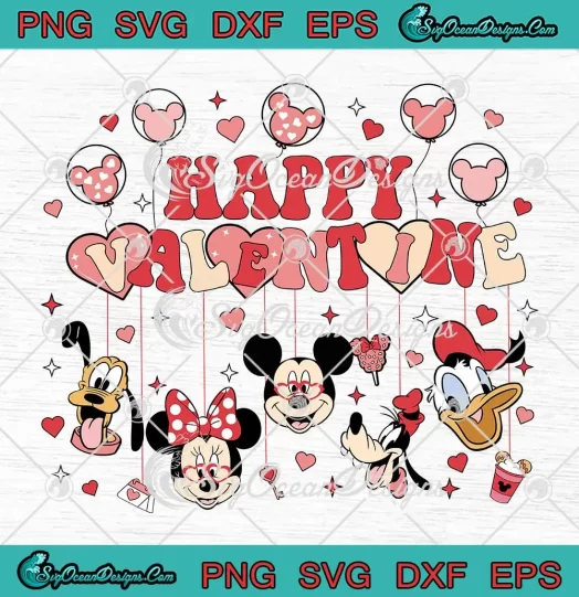 Disney Characters Happy Valentine Retro SVG - Disney Valentine's Day SVG PNG, Cricut File