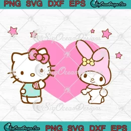 Hello Kitty x My Melody Hugs Heart SVG - Cute Valentine Girls Gift SVG PNG, Cricut File