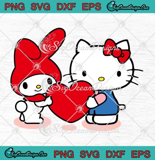 My Melody And Hello Kitty Heart SVG - Happy Valentine's Day SVG PNG, Cricut File