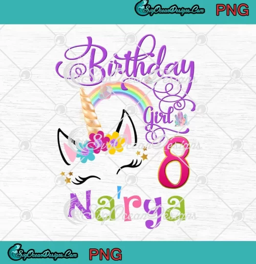 Cute Unicorn Birthday Girl PNG - Custom Name 8th Birthday Gift PNG JPG Clipart, Digital Download