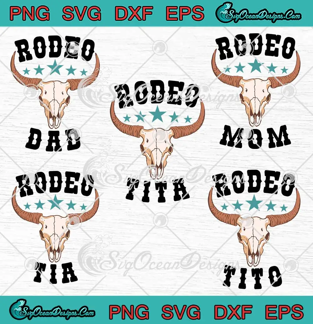 Western-Bull-Skull-Family-Rodeo-SVG---Cowboy-Cowgirl-Birthday-Bundle-SVG-PNG,-Cricut-File Western Bull Skull design with a family rodeo theme for cowboy and cowgirl birthday crafts.