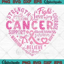 Breast Cancer Awareness Heart SVG - Strength Faith Cure Love Fight SVG PNG, Cricut File